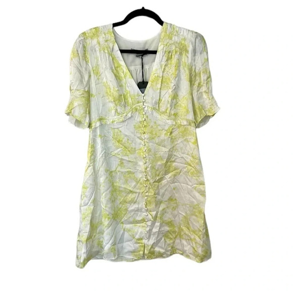All Saints Demi Marama Dress in Citrus Yellow Short Puff Sleeve V-Neck Sz 8 NWT - Picture 1 of 9